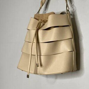 Vegan Shoulder Bag Women's Bucket Cutout Detail with Drawstring Closure Beige